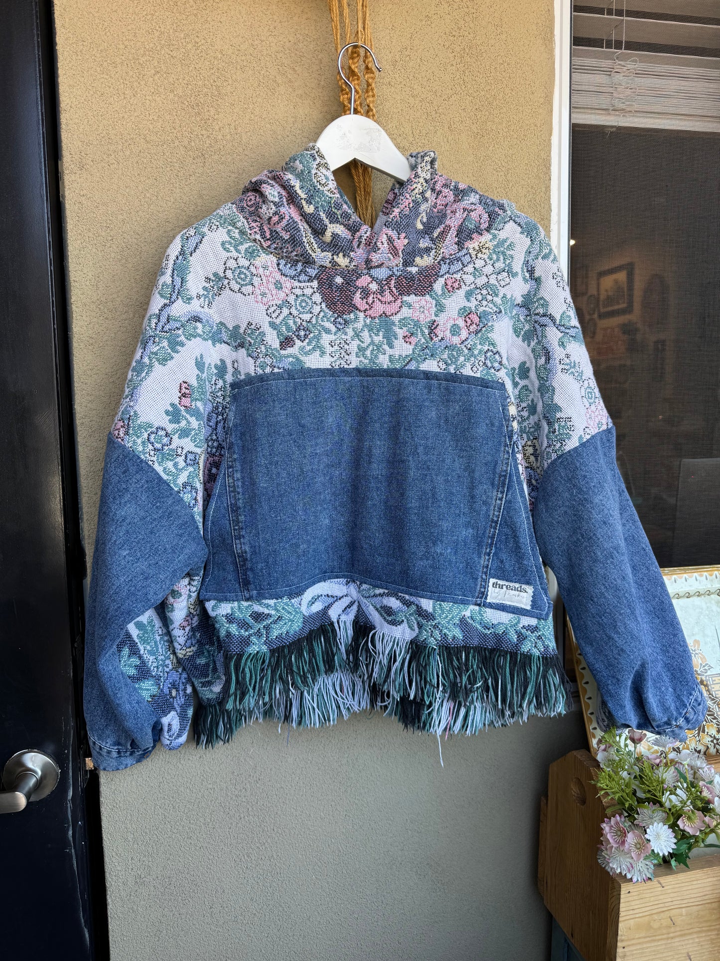 Upcycled Denim & Tapestry Hoodie – Size Large