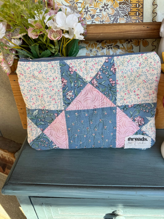 Blue & Blush Floral Quilt Zipper Pouch