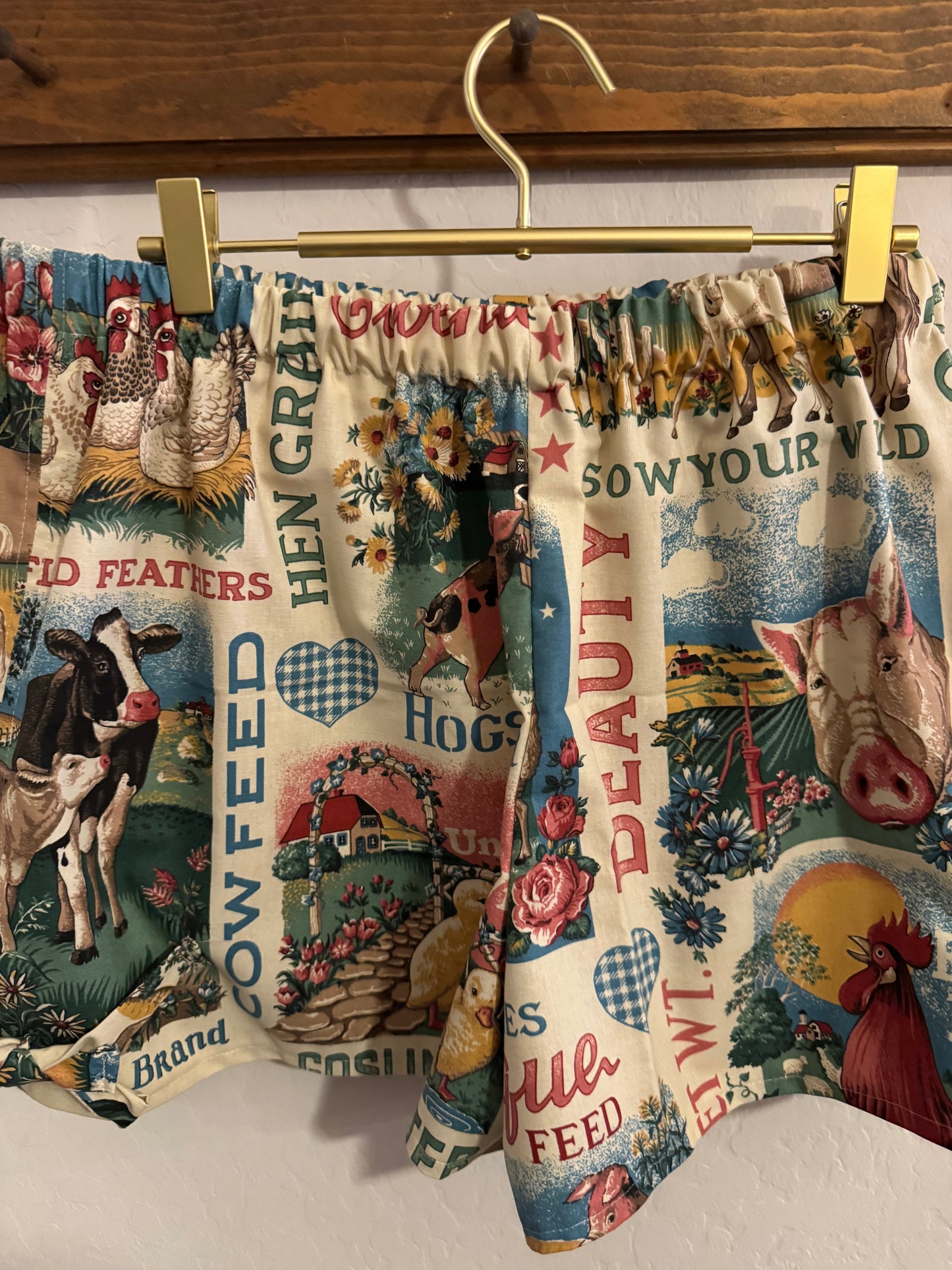 “Sow Your Wild Feathers” Farm Print Lounge Shorts (Size Large)