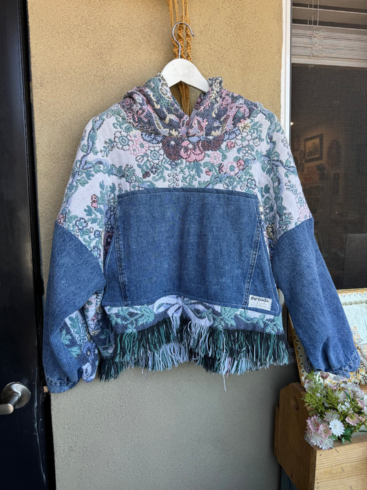 Upcycled Denim & Tapestry Hoodie – Size Large