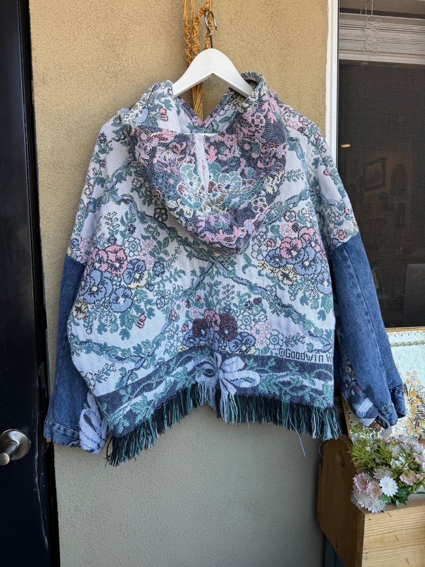 Upcycled Denim & Tapestry Hoodie – Size Large