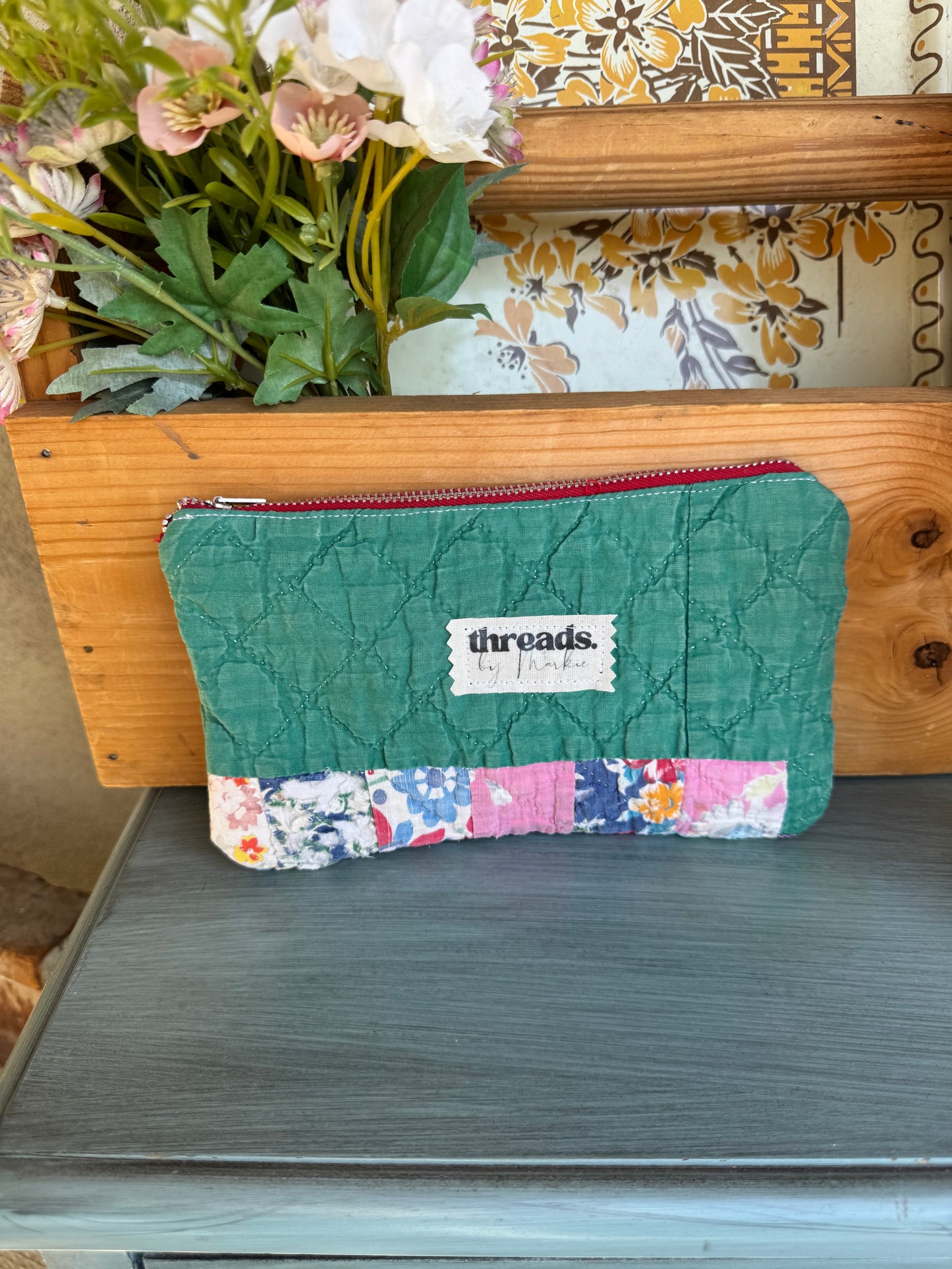 Green & Patchwork Quilt Zipper Pouch