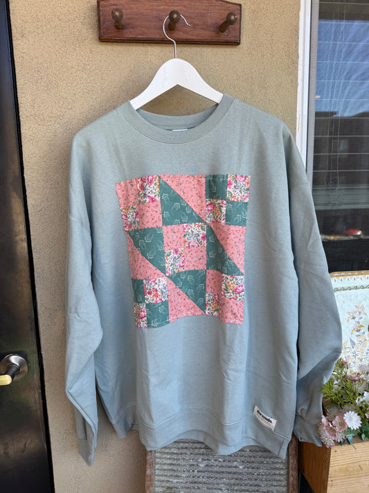 XL Sage & Pink Floral Quilt Sweatshirt