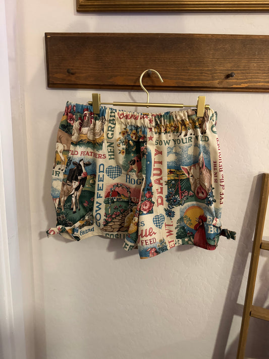 “Sow Your Wild Feathers” Farm Print Lounge Shorts (Size Large)