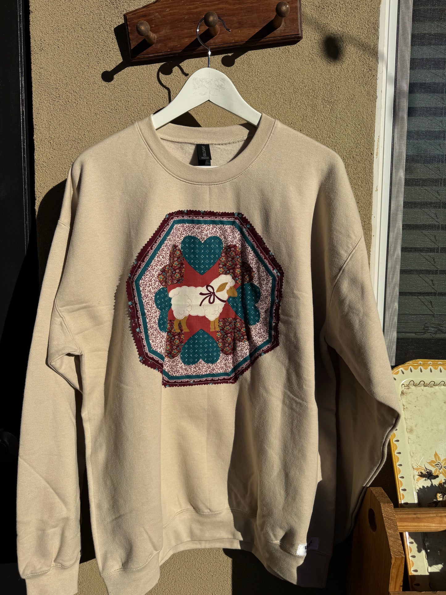 Cozy Patchwork Sheep Crewneck- Size Large