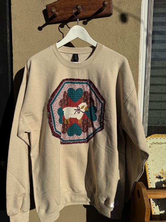 Cozy Patchwork Sheep Crewneck- Size Large
