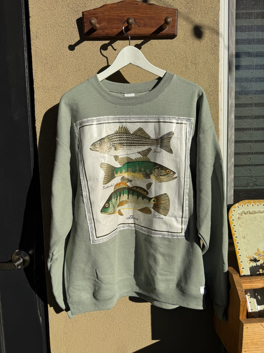 Vintage Bass Fish Chart Patchwork Crewneck- Size Large